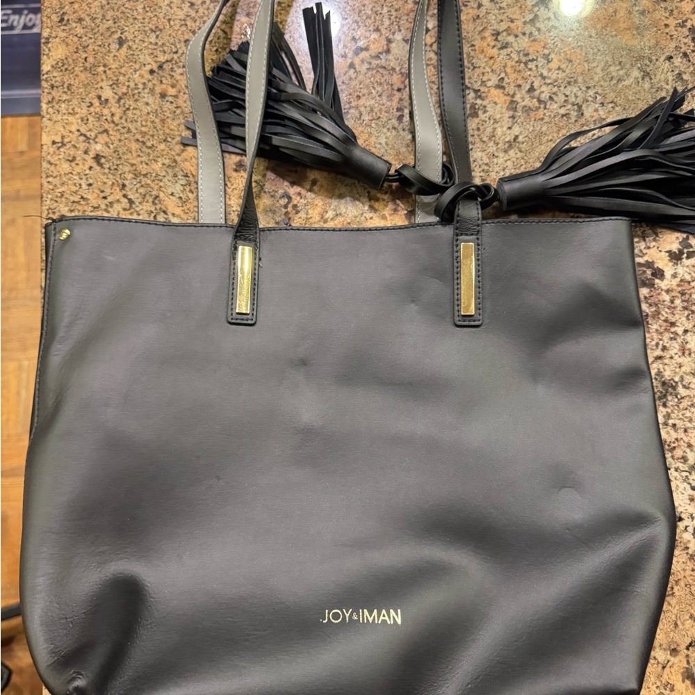 Joy & Iman Black Leather Tote with Tassels